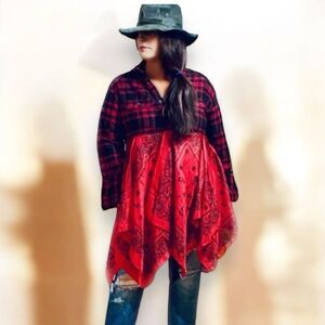 Boho Paisley Flannel Duster Red Black Bell Sleeve Tunic Duster Shacket